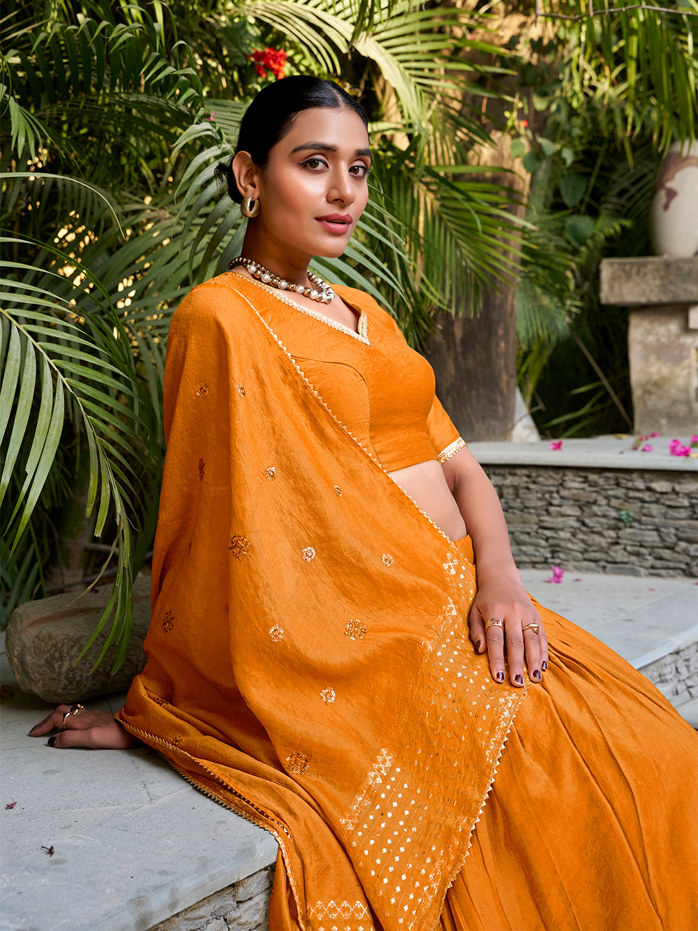 Orange Color Plain  With  Zari Weaving Work Chanderi Lehenga Choli