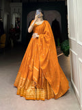 Orange Color Plain  With  Zari Weaving Work Chanderi Lehenga Choli