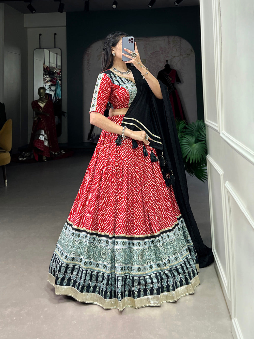 Red Color Bandhej And Ajarakh Print With Gota Lace Border Rayon Chaniya Choli