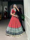 Red Color Bandhej And Ajarakh Print With Gota Lace Border Rayon Chaniya Choli