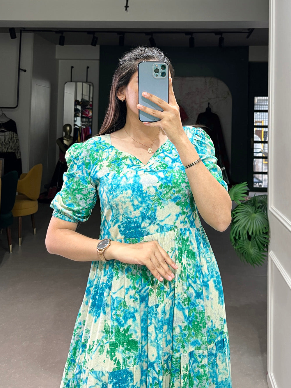 Sky Blue Color Printed With Foil Work Rayon Stylist Dress