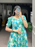Sky Blue Color Printed With Foil Work Rayon Stylist Dress