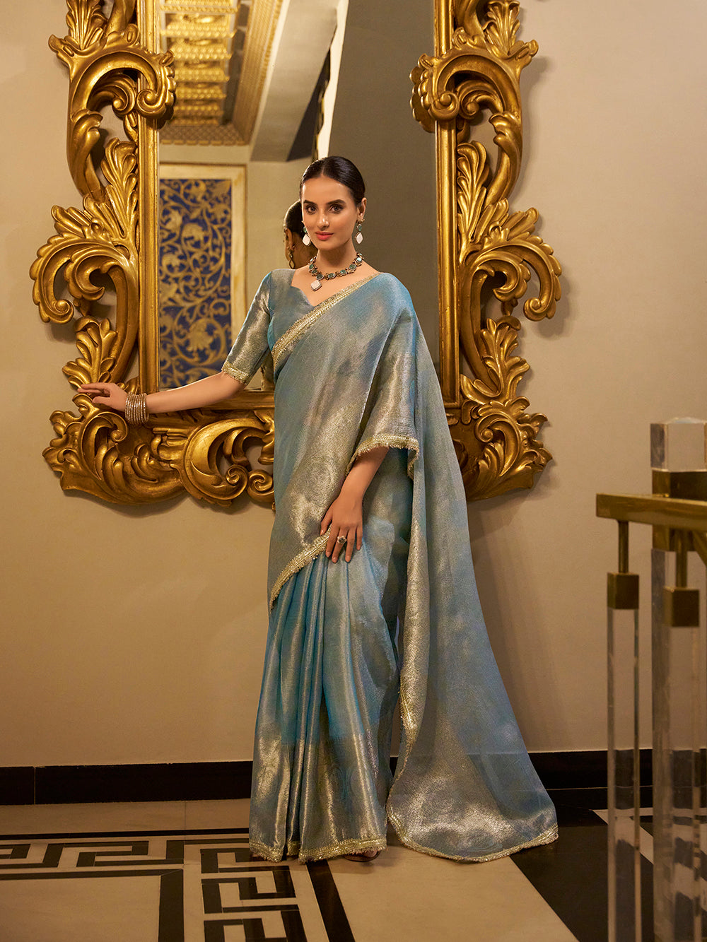 Tissue shimmer saree with sequins lace border