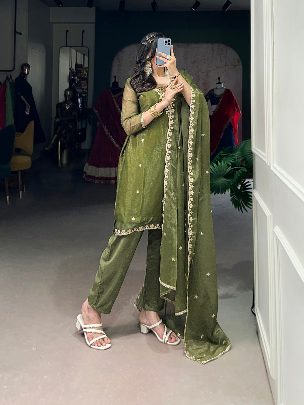 Olive Green Color Sequins And Thread Embroidery Work Gold Coin Salwar Suit