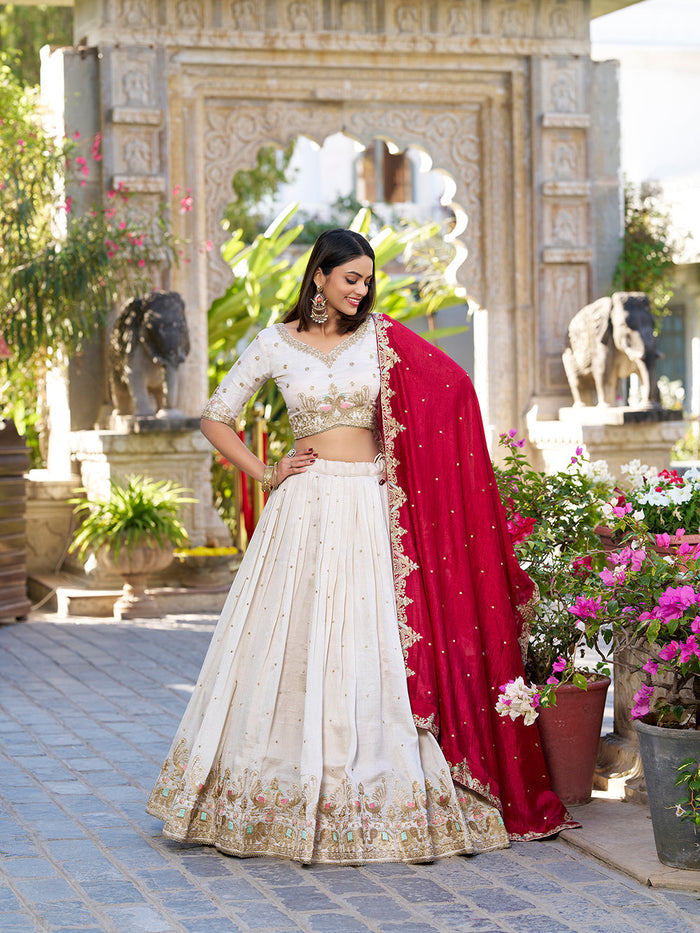 Off-white Vichitra silk lehenga choli with sequins embroidery