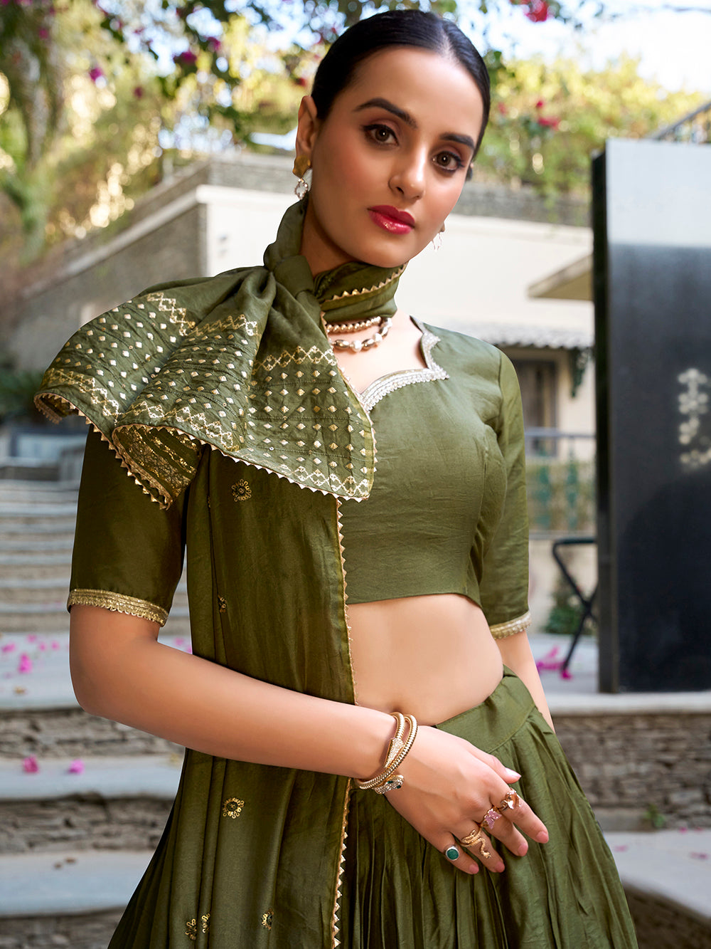Mehandi Color Plain With Zari Weaving Work Chanderi Lehenga Choli