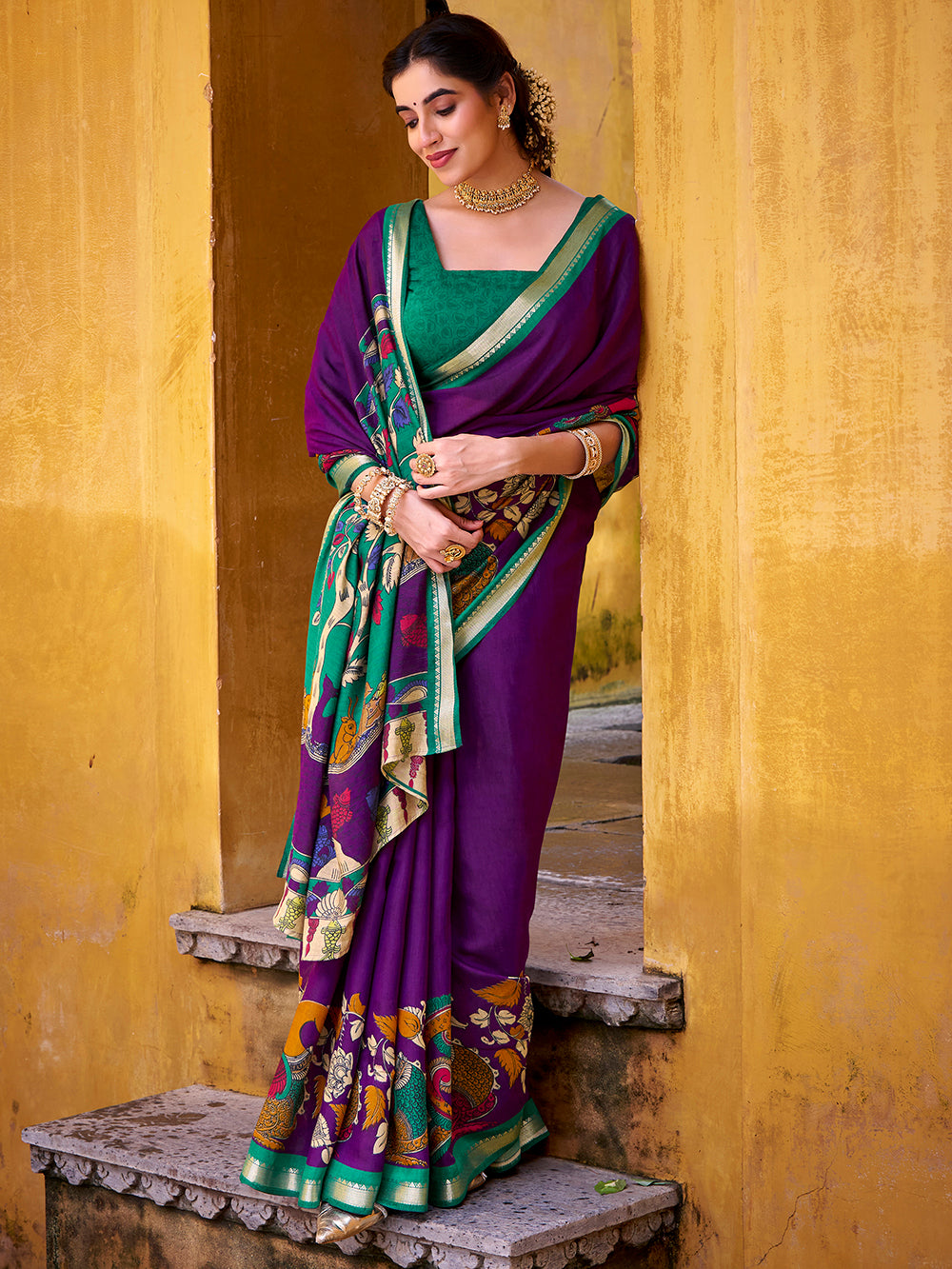 Purple kalamkari print chanderi saree