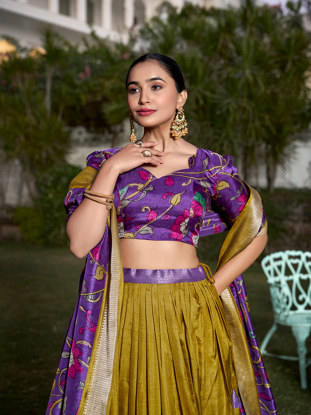 Mustard Color Printed (Kalamkari) With Zari Weaving Border Dola Silk Lehenga Choli