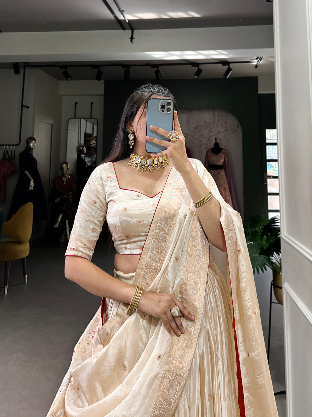 Red Color Mirror And Bids (Moti) Handwork Shimmer With Weaving Work Lehenga Choli