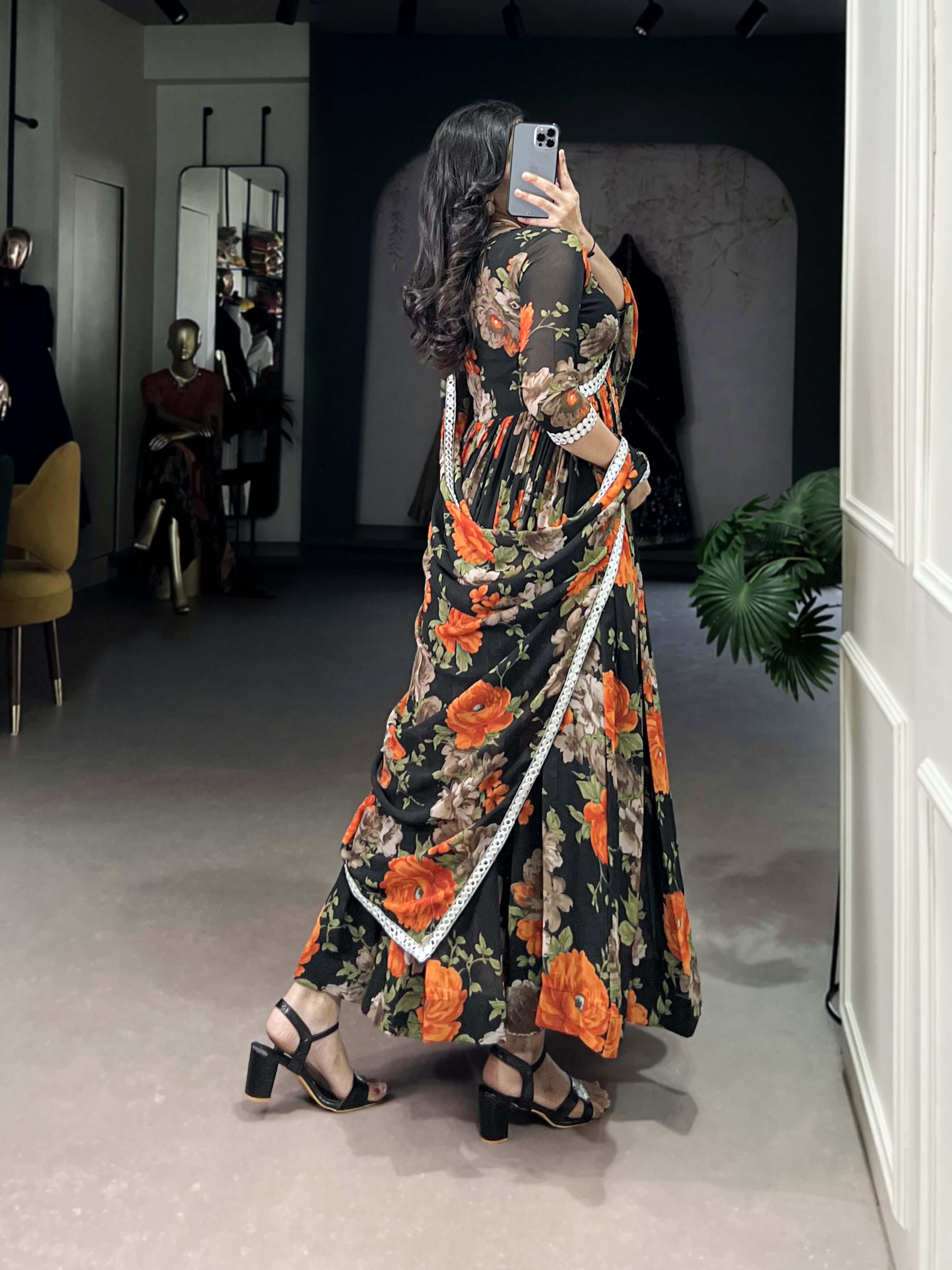 Orange Color Floral Printed And Paper Mirror Lace Georgette Gown