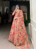 Peach Color Floral Print With Lace Border Georgette Gown