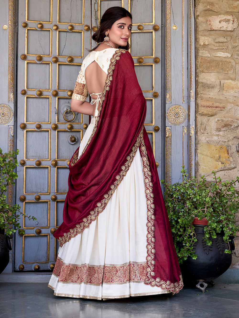 Off White Color Zari Weaving Work Lace Border Vichitra Silk Lehenga Choli