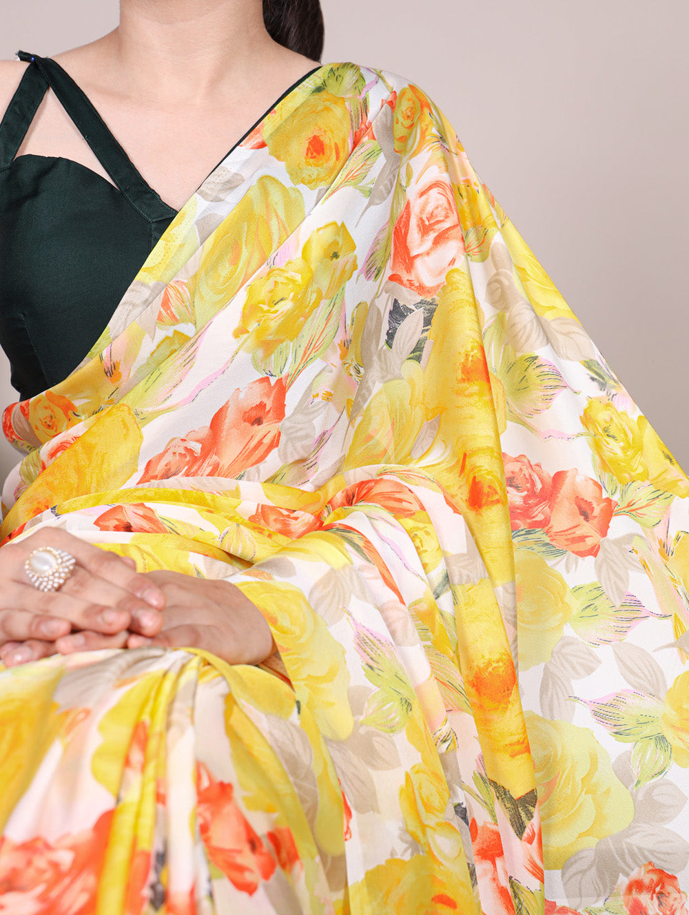 Floral print dull satin saree