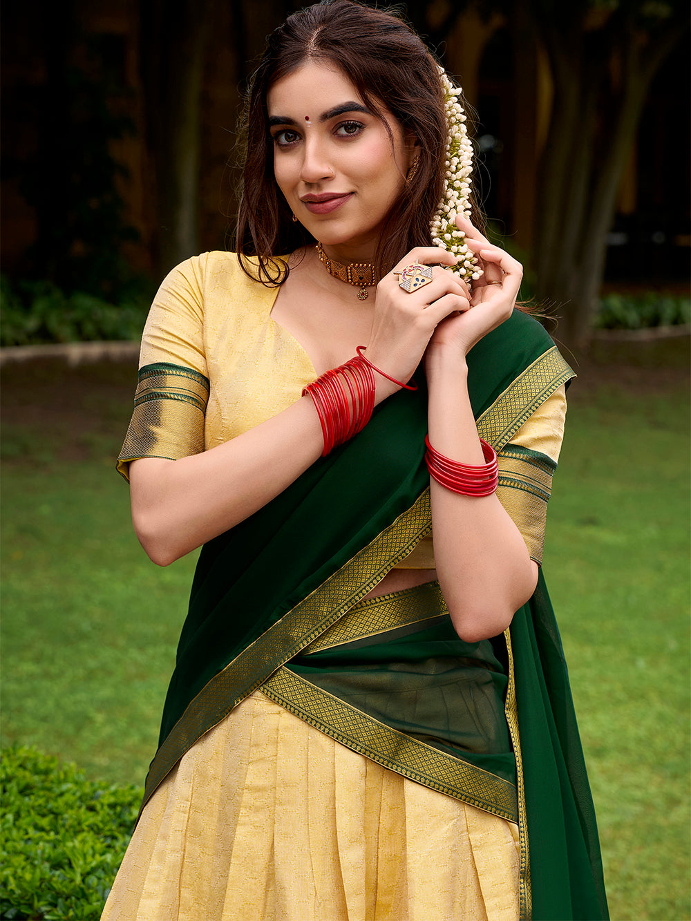 Fully stitched blouse green lehenga choli