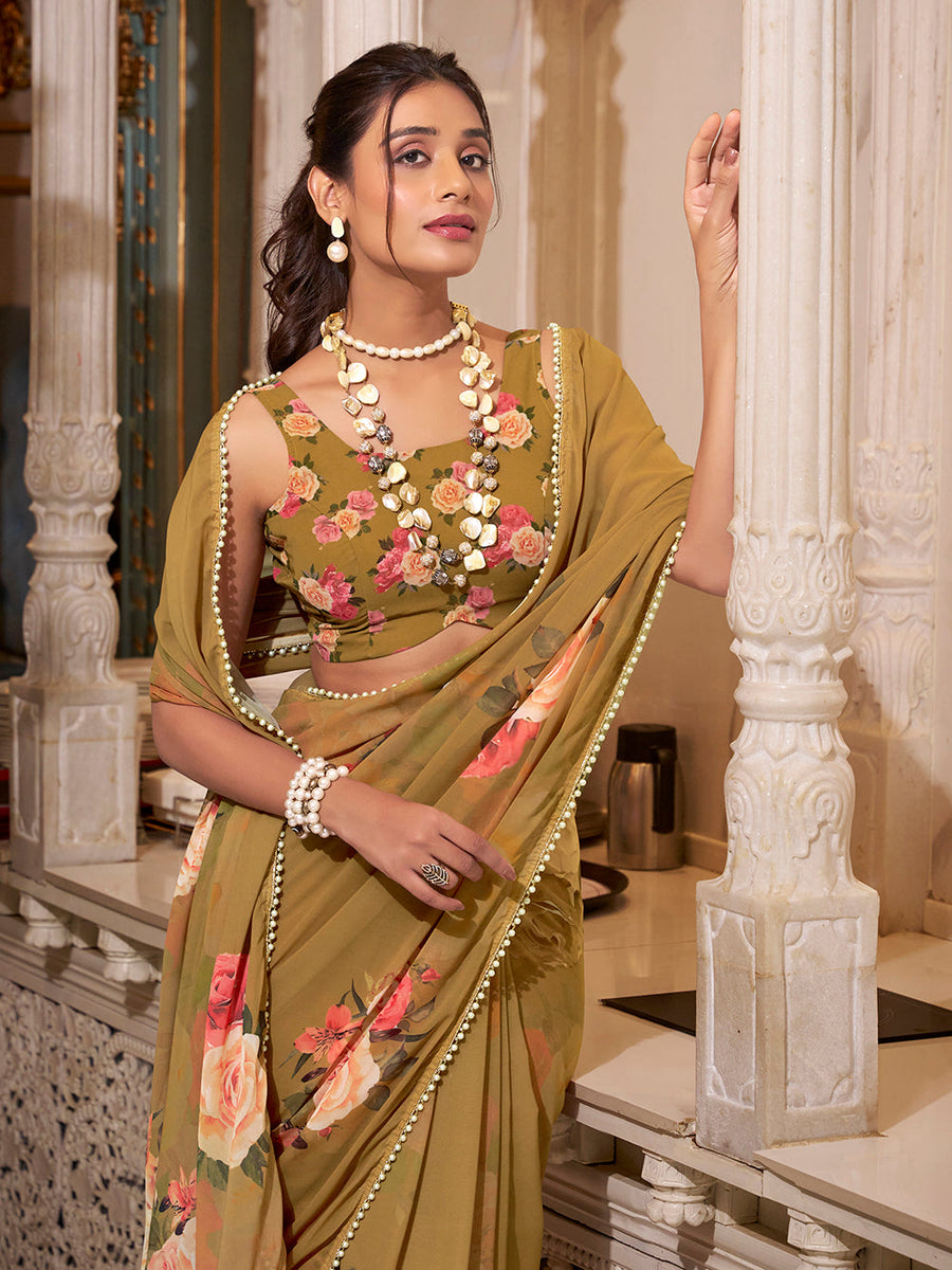 Brown georgette saree with pearl lace border