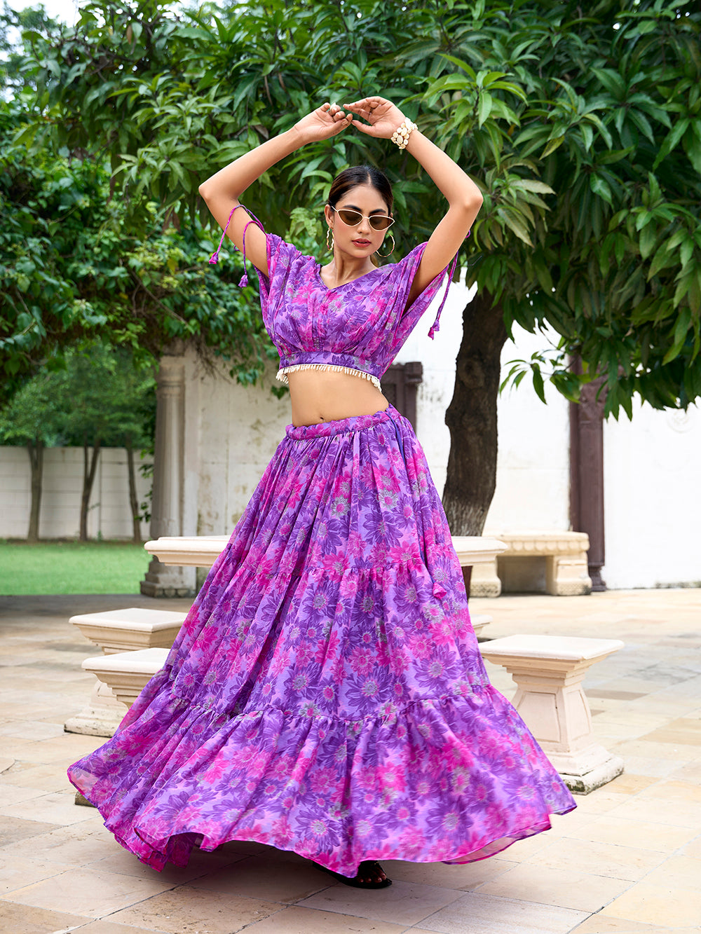 Purple Color Floral Print Chiffon Co-ord Set Chaniya Choli