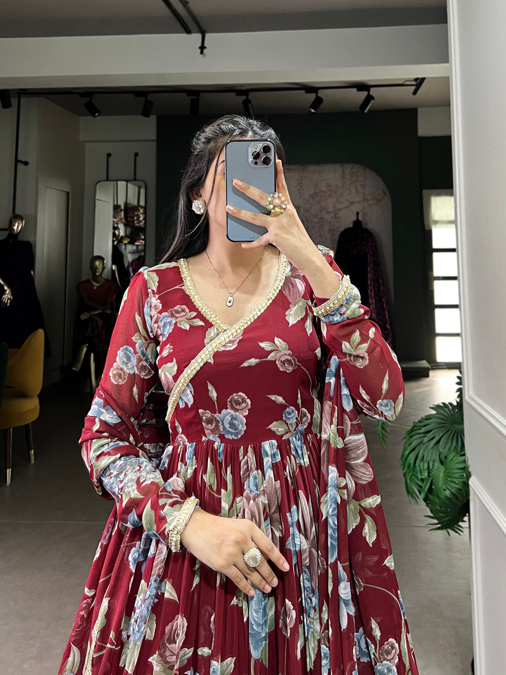 Maroon Color Floral Print With Lace Border Marbel Gown