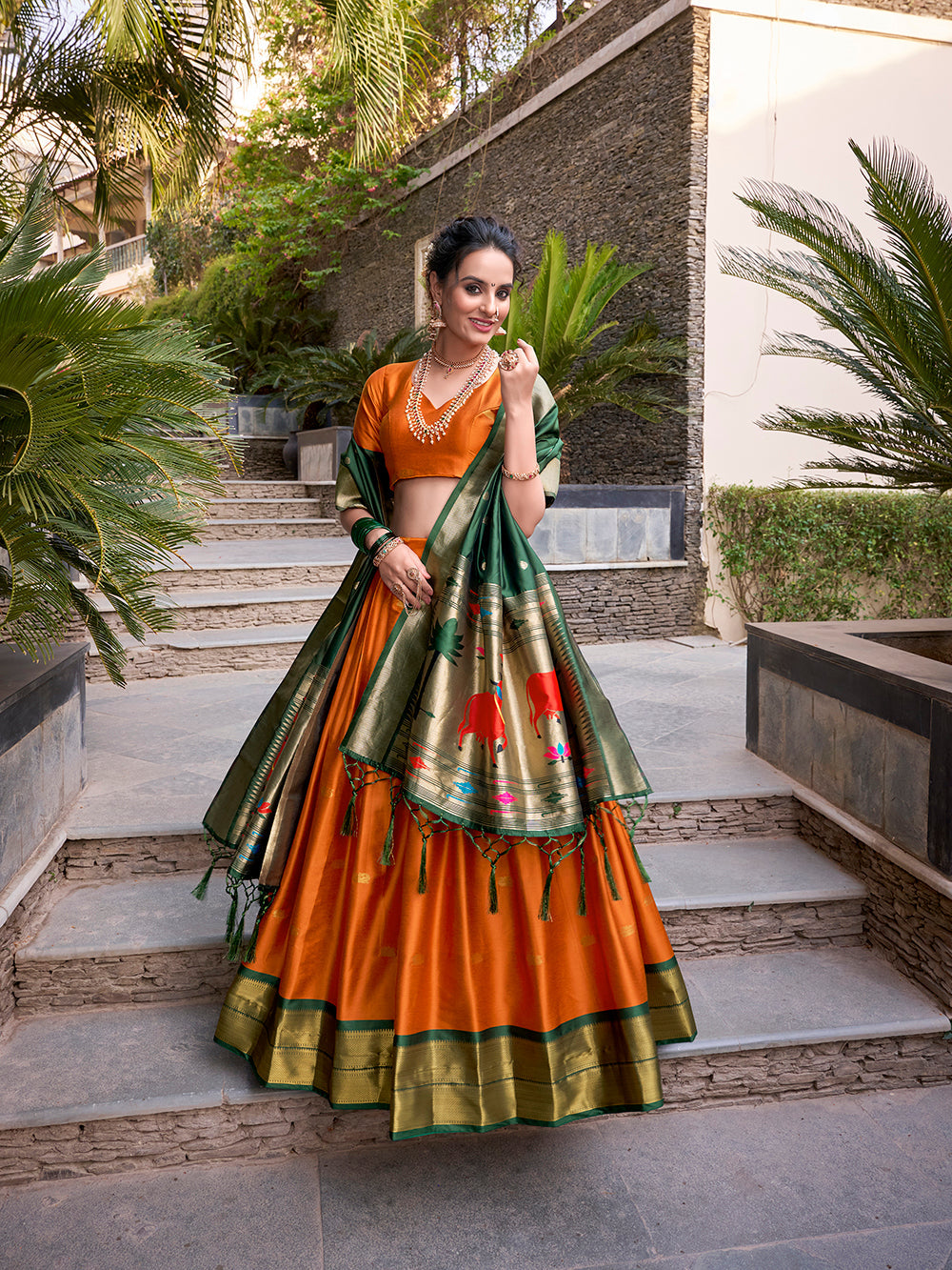 Orange Color Zari Weaving Work Jacquard Silk(Paithani) Lehenga Choli