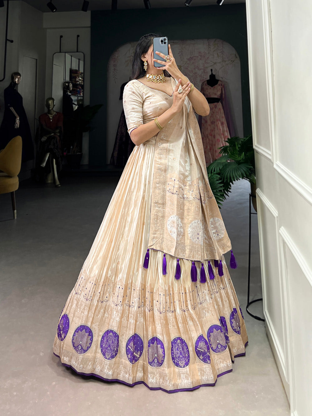 Purple Color Mirror And Bids (Moti) Handwork Shimmer With Weaving Work Lehenga Choli