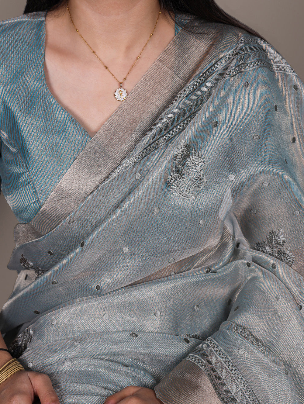 Sky blue poly shimmer thread embroidery saree