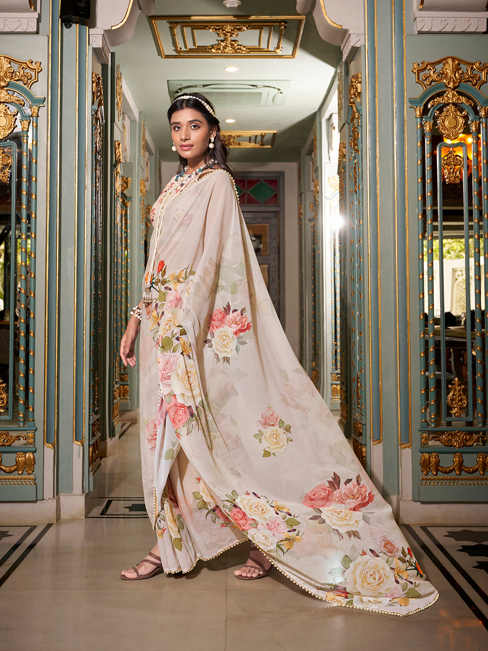 Printed off white saree for weddings and festivals