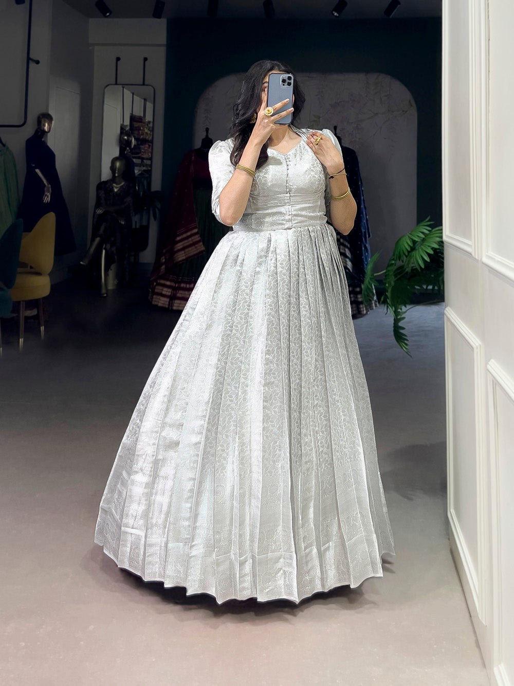 Off White Color Zari Weaving Work Kanjivaram Gown