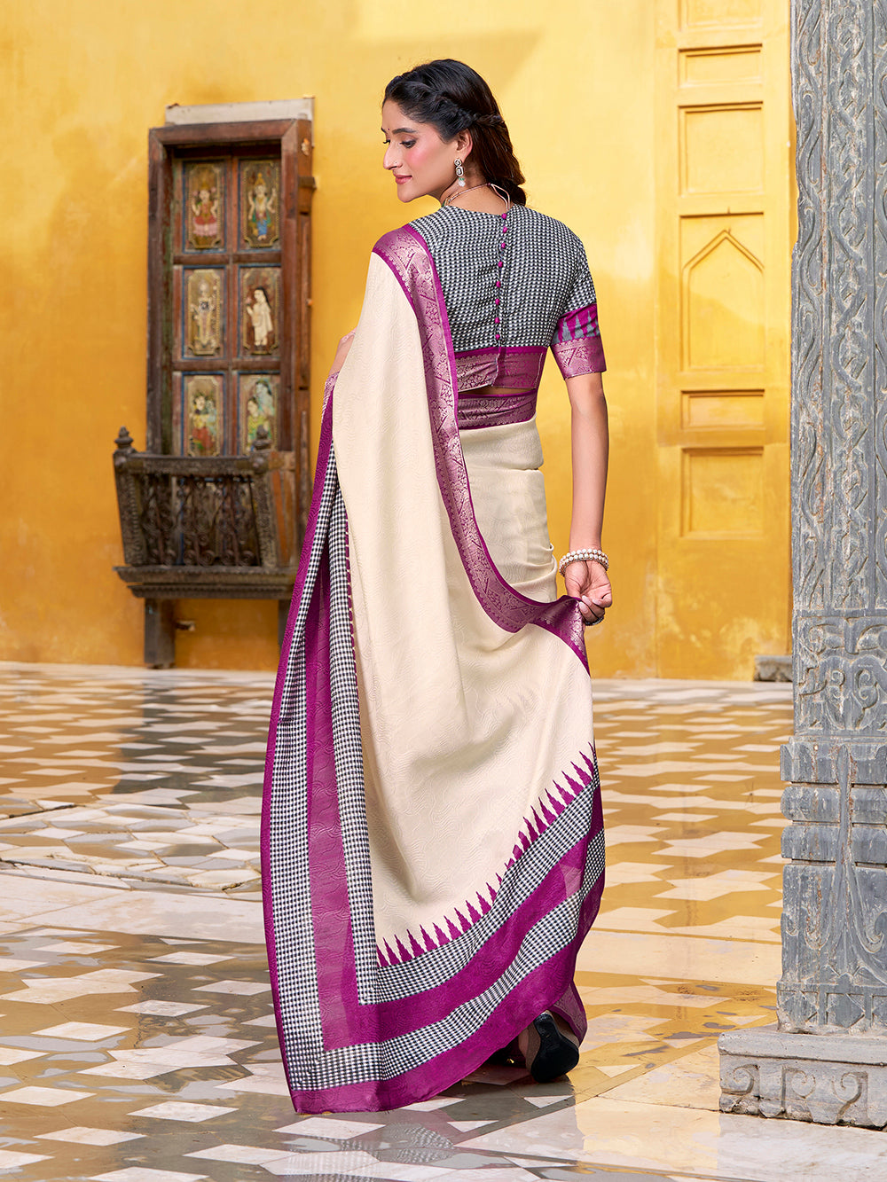 Traditional off white saree with zari border