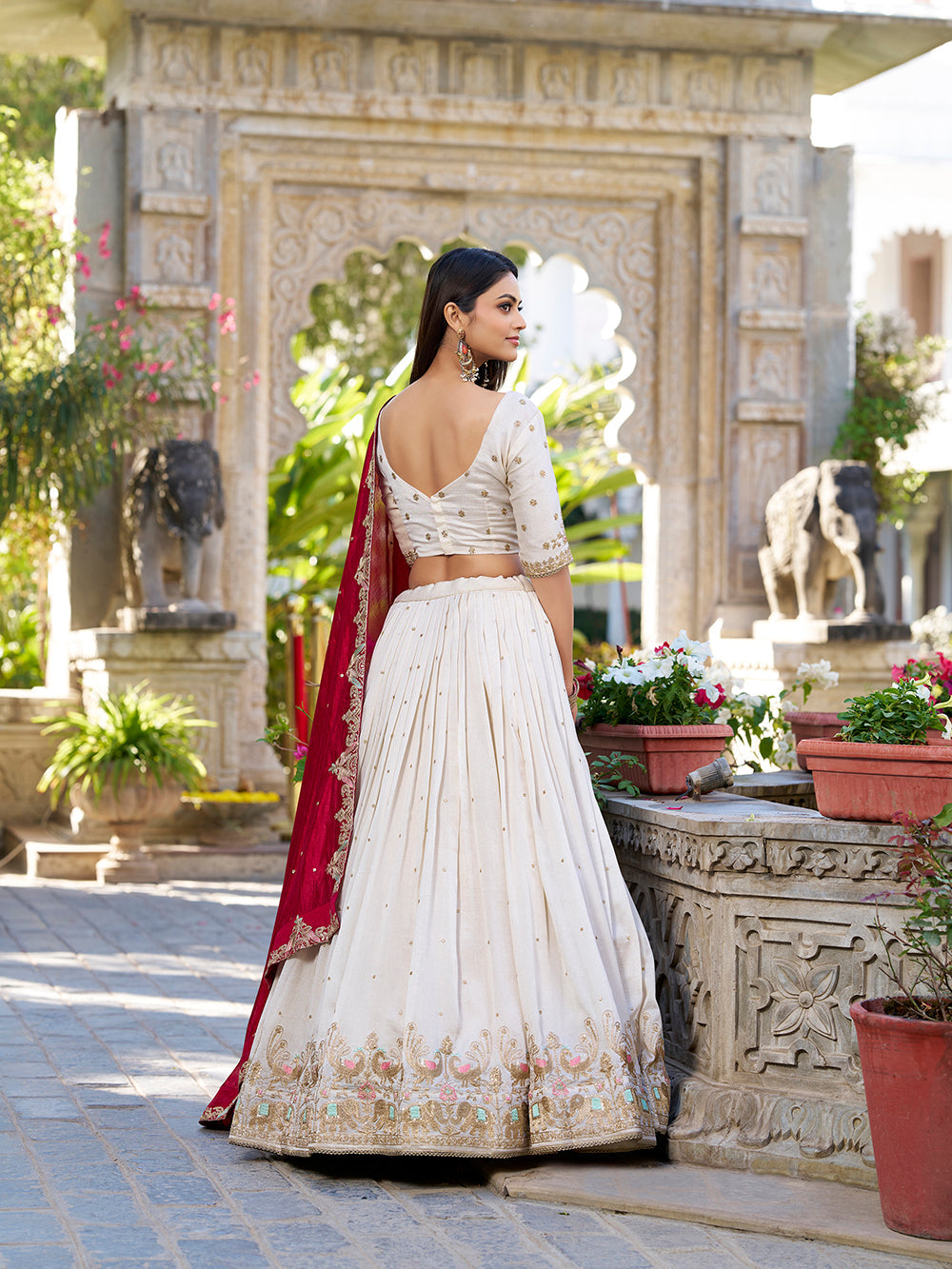 Off white Color Sequins And Thread Embroidery Work Vichitra Silk Lehenga Choli