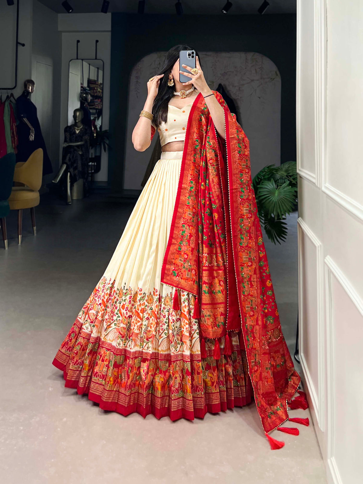 Off White Color Printed Foil Work Tussar Silk Lehenga Choli