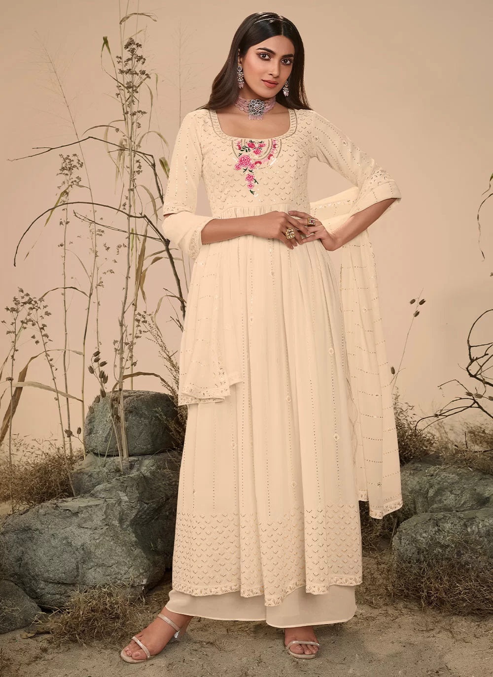 Off White Georgette Embroidery Designer Paistani Suit