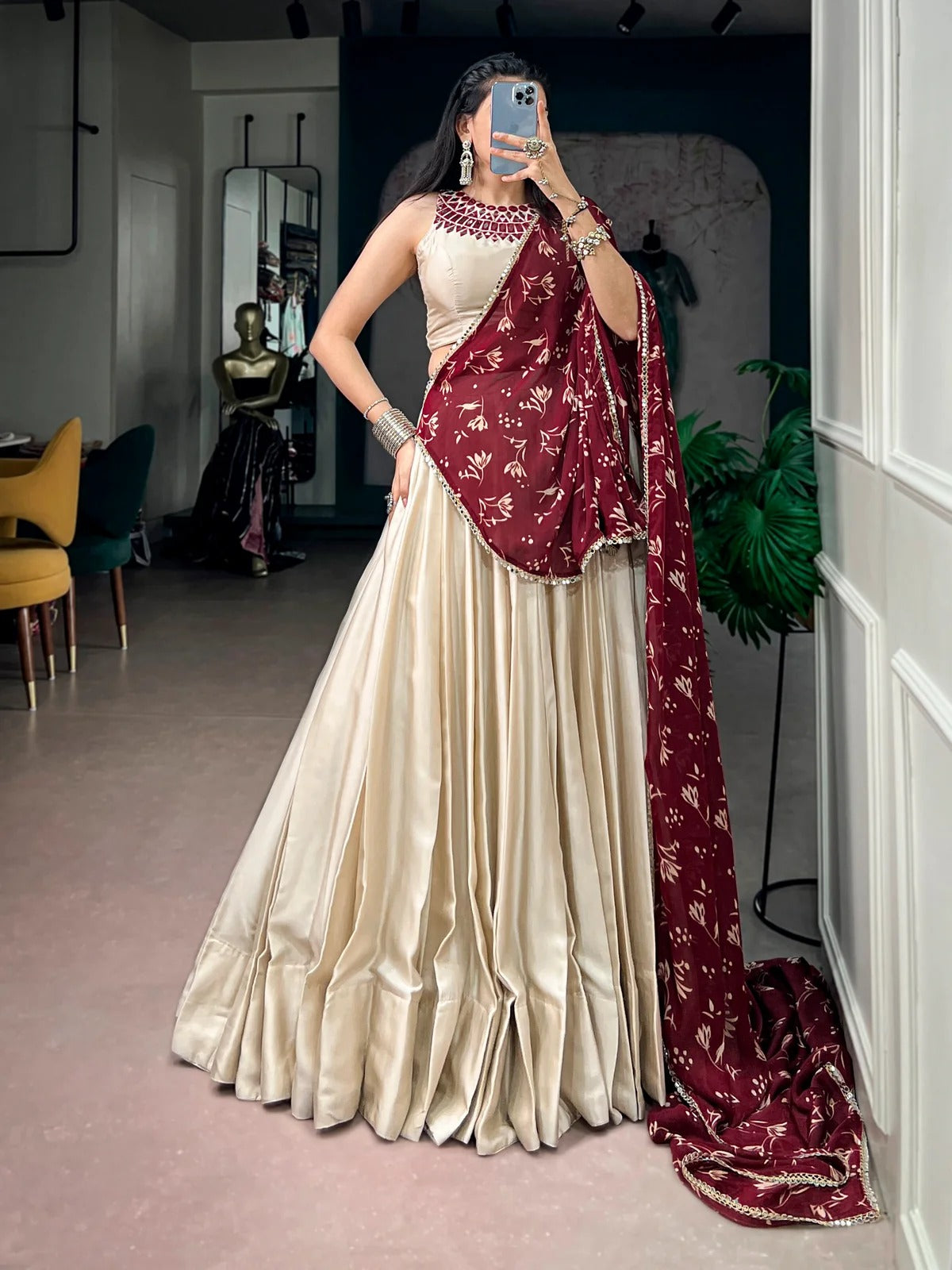Off white Navratri Garba lehenga with mirror work blouse and Satin Chiffon dupatta
