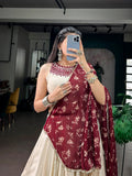 Off white Navratri Garba lehenga with mirror work blouse and Satin Chiffon dupatta