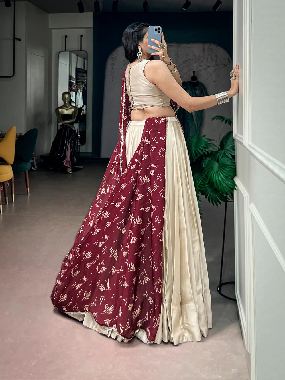 Off white Moonga Silk lehenga choli with real mirror work blouse and printed dupatta