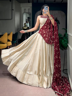 Off white mirror work chaniya choli with 8 metre flair for Navratri Garba