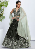 Olive Bridesmaid style Raw Silk Lehenga Set with Sequins and Thread Embroidery