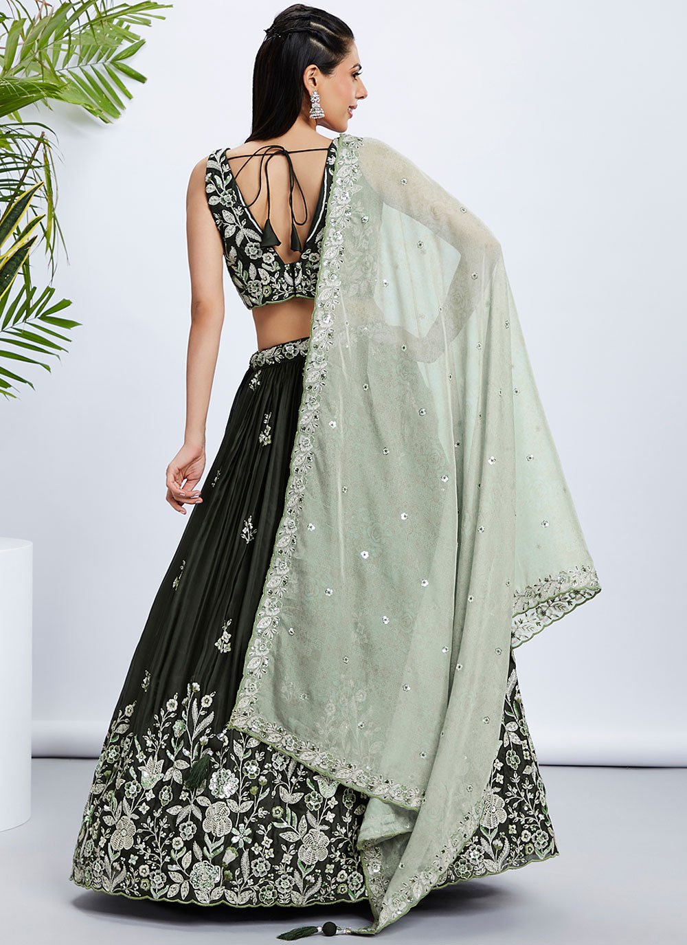 Olive Bridesmaid style Raw Silk Lehenga Set with Sequins and Thread Embroidery