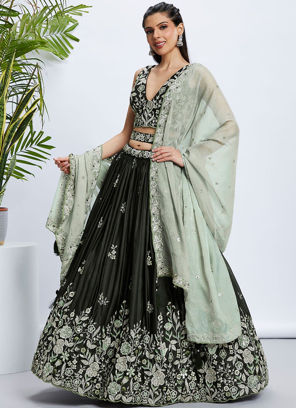 Olive Bridesmaid style Raw Silk Lehenga Set with Sequins and Thread Embroidery