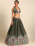 Olive Chinon Sequins embroidery Wedding Wear Lehenga choli With Dupatta