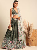 Olive Chinon Sequins embroidery Wedding Wear Lehenga choli With Dupatta