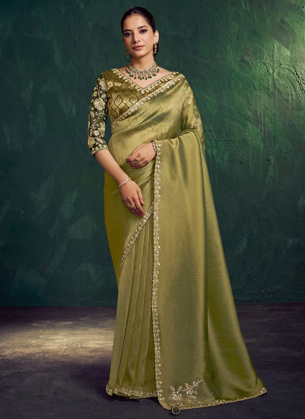 olive green designer indian saree in zari tissue silk with handwork