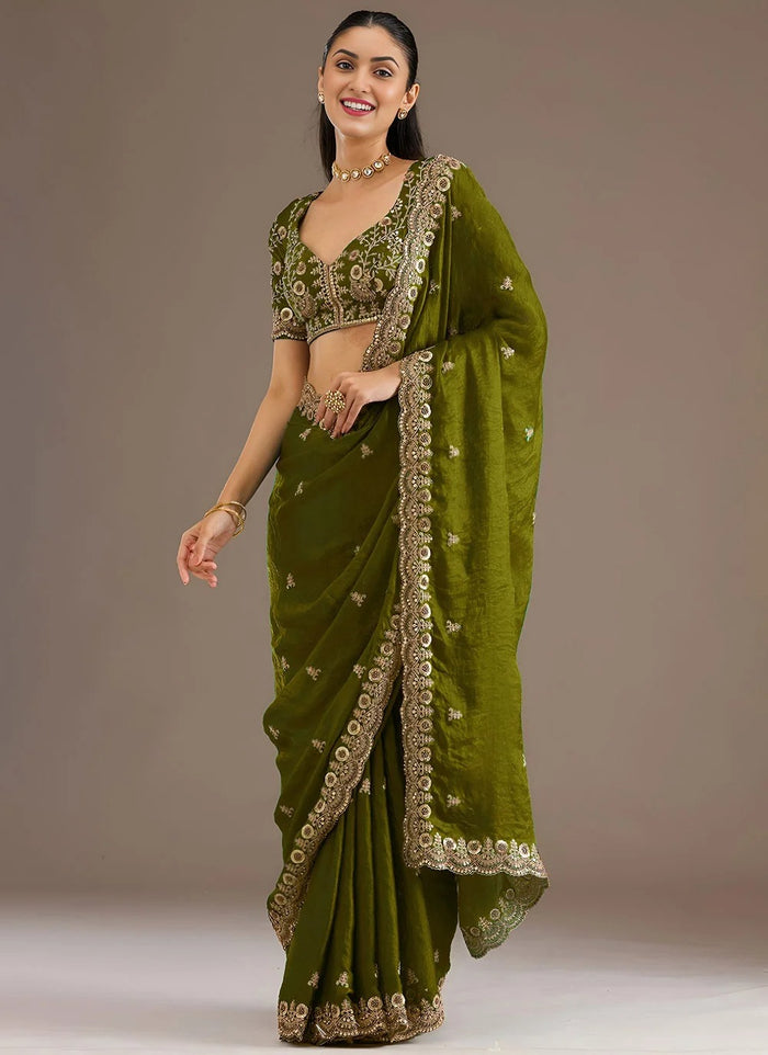 Olive Green Designer Tissue Silk Saree | Wedding Wear Saree