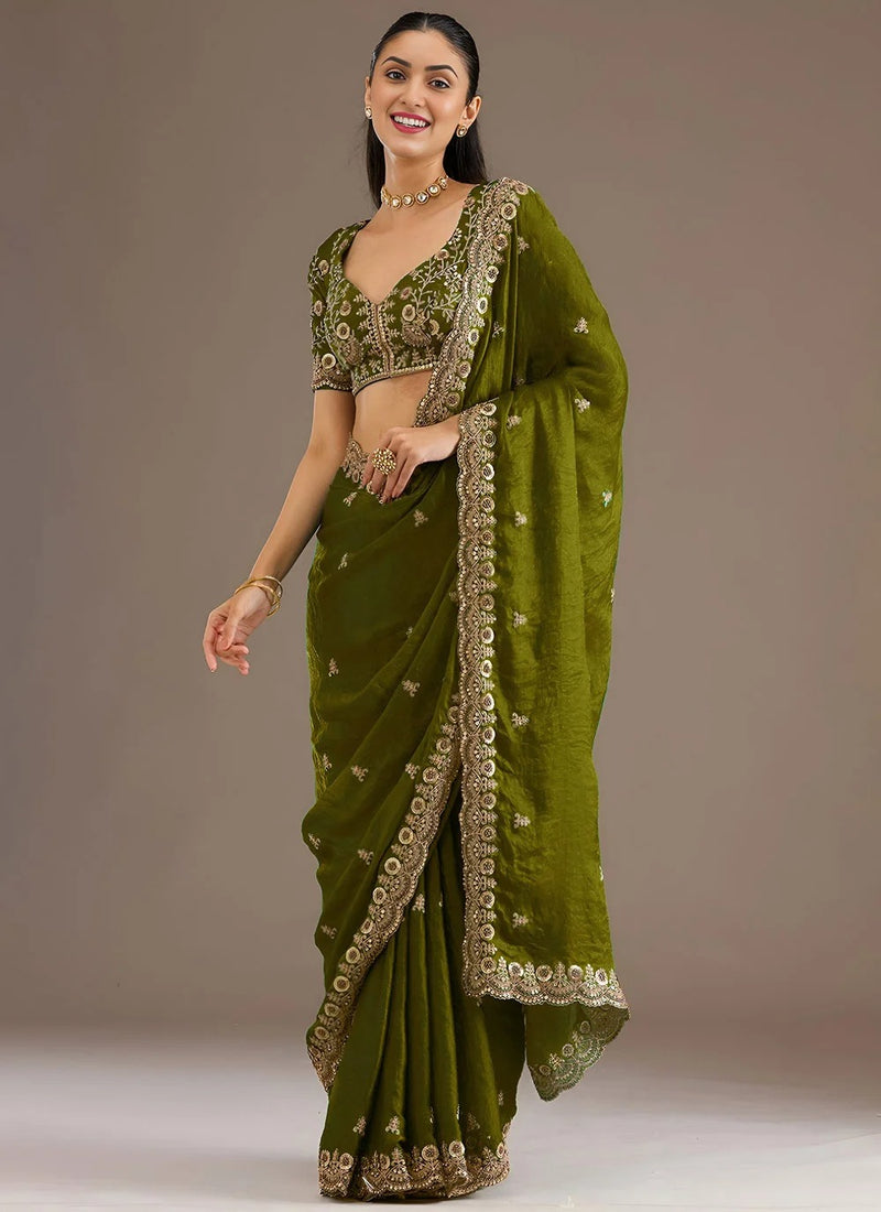 Olive Green Designer Tissue Silk Saree | Wedding Wear Saree