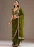 Olive Green Designer Tissue Silk Saree | Wedding Wear Saree