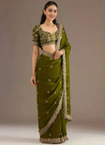 Elegant olive green festive saree with sequins work