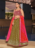 Olive Pink Georgette Sequins Embroidered Designer Lehenga