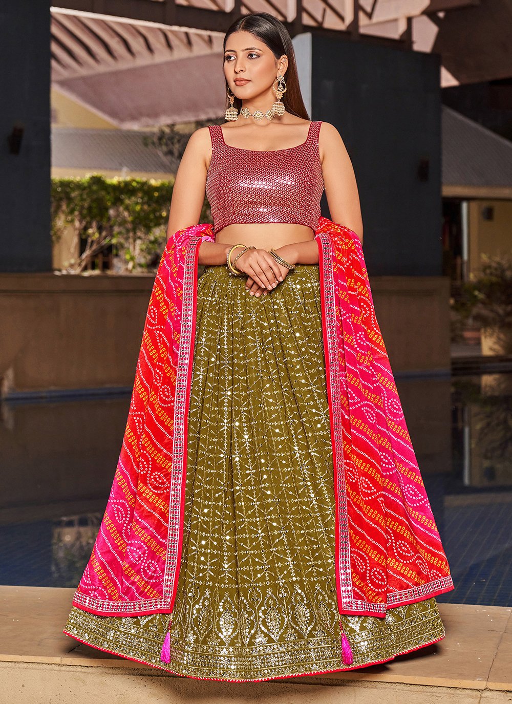 Olive Pink Georgette Sequins Embroidered Designer Lehenga