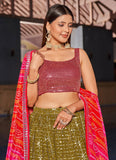 Olive Pink Georgette Sequins Embroidered Designer Lehenga