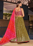 Olive Pink Georgette Sequins Embroidered Designer Lehenga