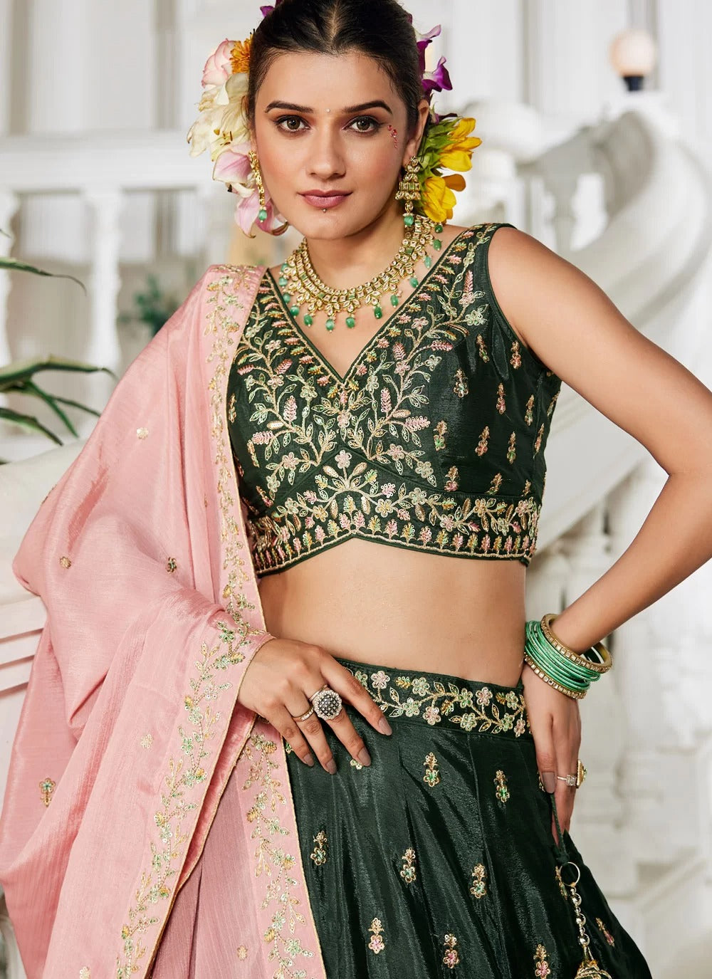 Olive Sequin Work Poly Chiffon Lehenga Choli for Sister’s Wedding | Gunj Fashion