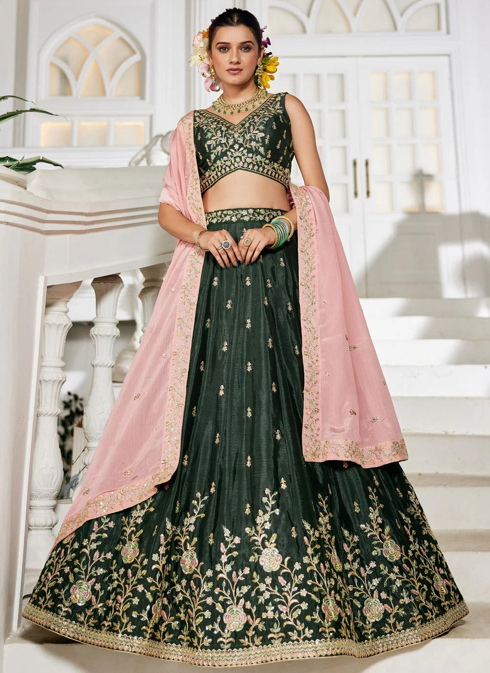 Olive color chiffon sequin embroidery lehenga choli with pink dupatta for sister’s wedding